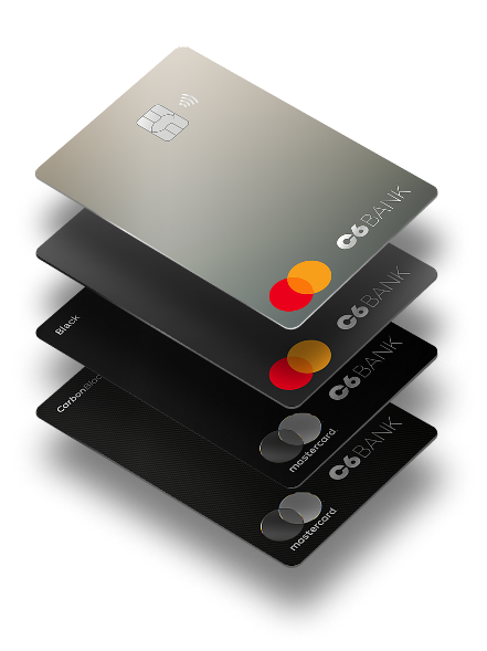 Cartões C6, C6 Mastercard Platinum, C6 Mastercard Black e C6 Carbon Mastercard Black empilhados sobre fundo preto.
